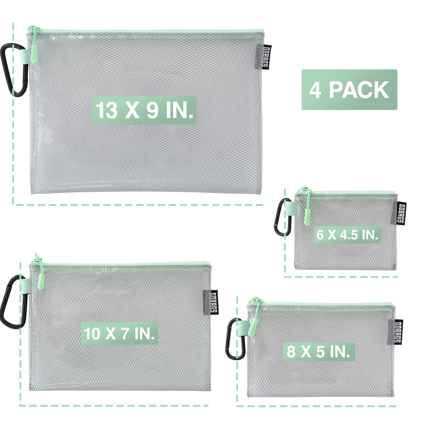 GOBAGS Air Multi‑Size Clear Zipper Pouch (4‑Pack) MINT GREEN