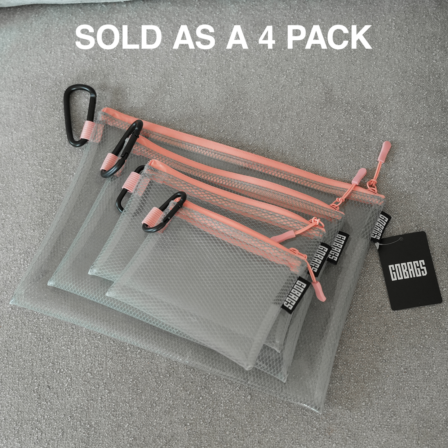 GOBAGS Air Multi‑Size Clear Zipper Pouch (4‑Pack) PINK