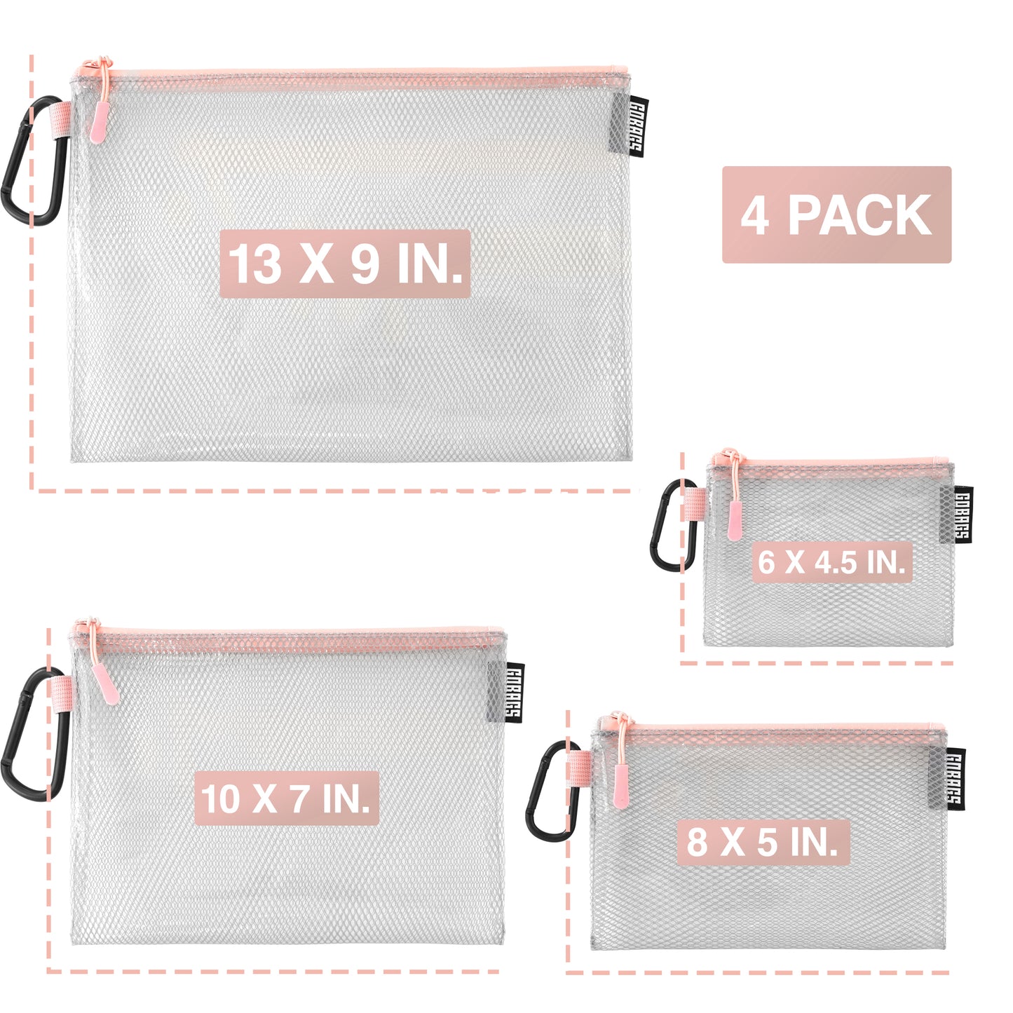 GOBAGS Air Multi‑Size Clear Zipper Pouch (4‑Pack) PINK