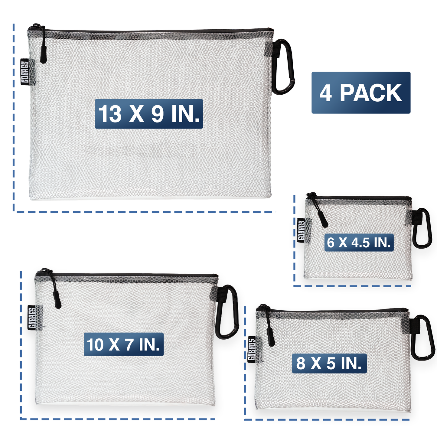 GOBAGS Air Multi‑Size Clear Zipper Pouch (4‑Pack) BLACK