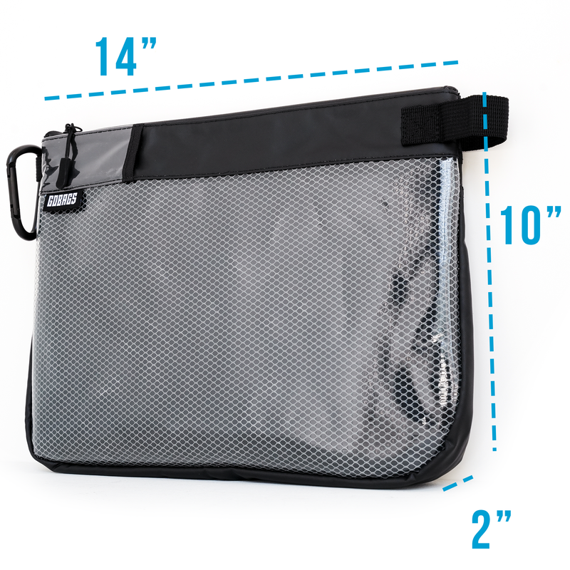 GOBAGS Utility Pouch large size guide — 14 inches wide by 9 inches tall with a 2 inch gusset