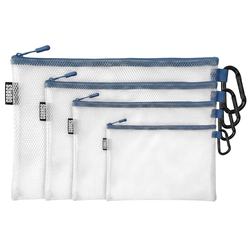 GOBAGS Air reinforced transparent zipper bag 4-pack in Navy — multi-size cable and tech organizer set