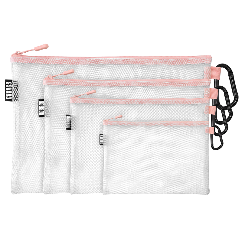 GOBAGS Air reinforced transparent zipper bag 4-pack in Pink — multi-size cable and tech organizer set