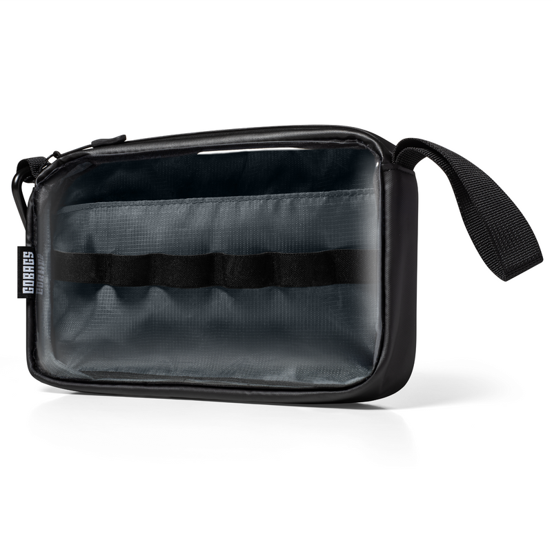 GOBAGS Neo travel pouch, small in black — clear-front cable and tech organizer