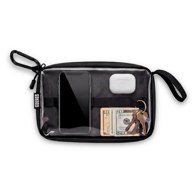 GOBAGS Neo Travel Pouch, small — 600D polyester with a TPU water-resistant barrier and a clear front