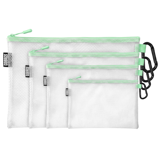 GOBAGS Air clear mesh zipper pouch 4-pack in Mint Green — multi-size cable and tech organizer set
