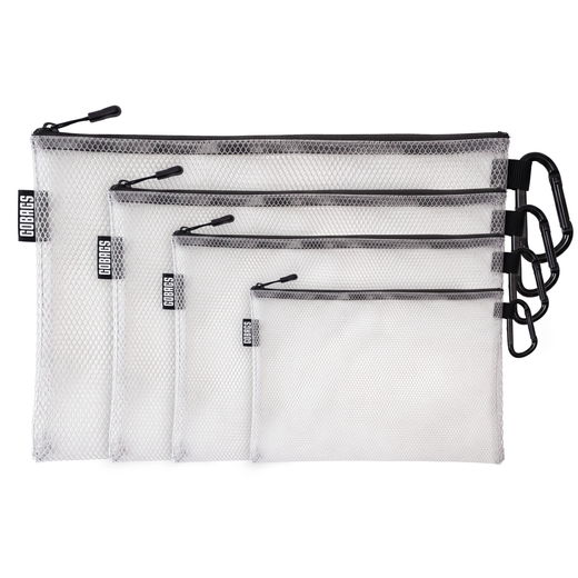 GOBAGS Air clear mesh zipper pouch 4-pack in Black — multi-size cable and tech organizer set