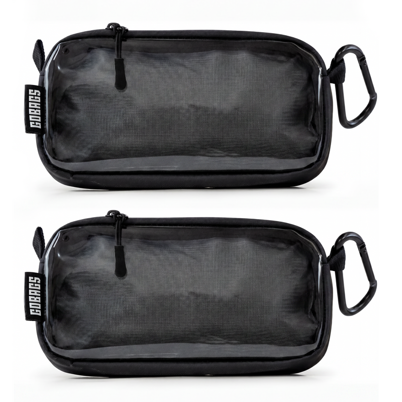 GOBAGS Neo compact travel pouch, XS 2-pack in black — clear-front cable and tech organizers