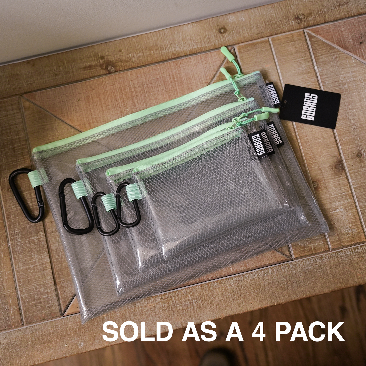 GOBAGS Air Multi‑Size Clear Zipper Pouch (4‑Pack) MINT GREEN