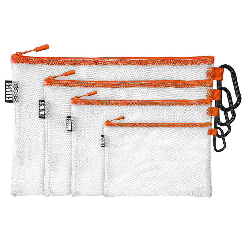 GOBAGS Air reinforced transparent zipper bag 4-pack in Octane Orange — multi-size cable and tech organizer set