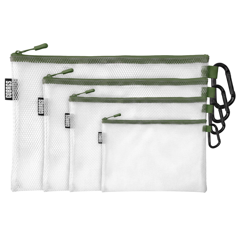 GOBAGS Air reinforced transparent zipper bag 4-pack in Ranger Green — multi-size cable and tech organizer set