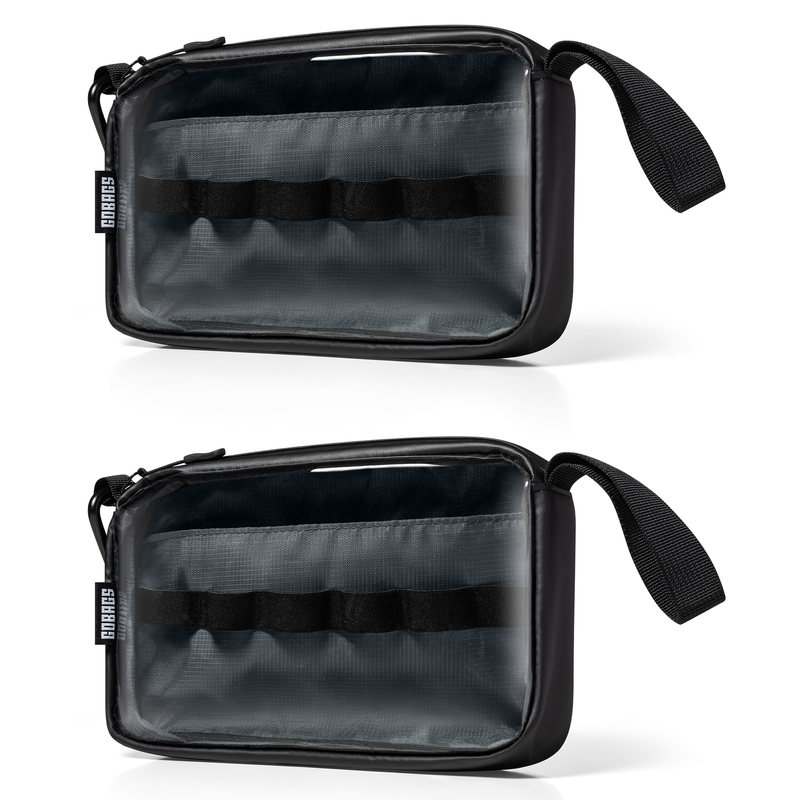 GOBAGS Neo travel pouch, small 2-pack in black — clear-front cable and tech organizers