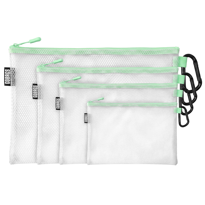GOBAGS Air reinforced transparent zipper bag 4-pack in Mint Green — multi-size cable and tech organizer set