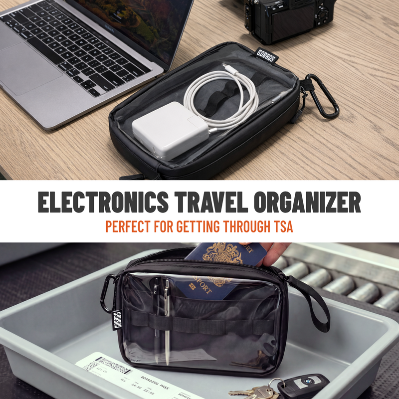 GOBAGS Neo Travel Pouch small 2-pack in use — one pouch for cables, one for power